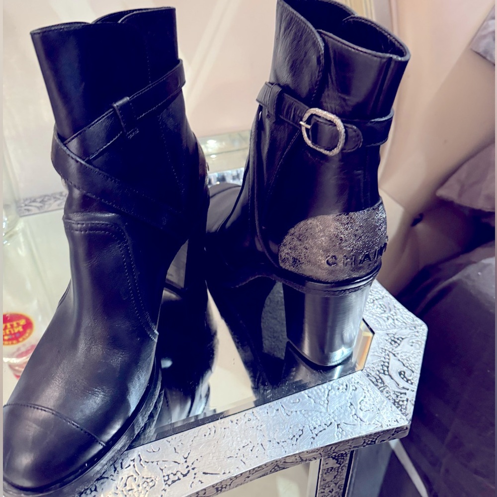 Chanel Black Leather Ankle Boots w/ Gunmetal  Metallic Logo Heel